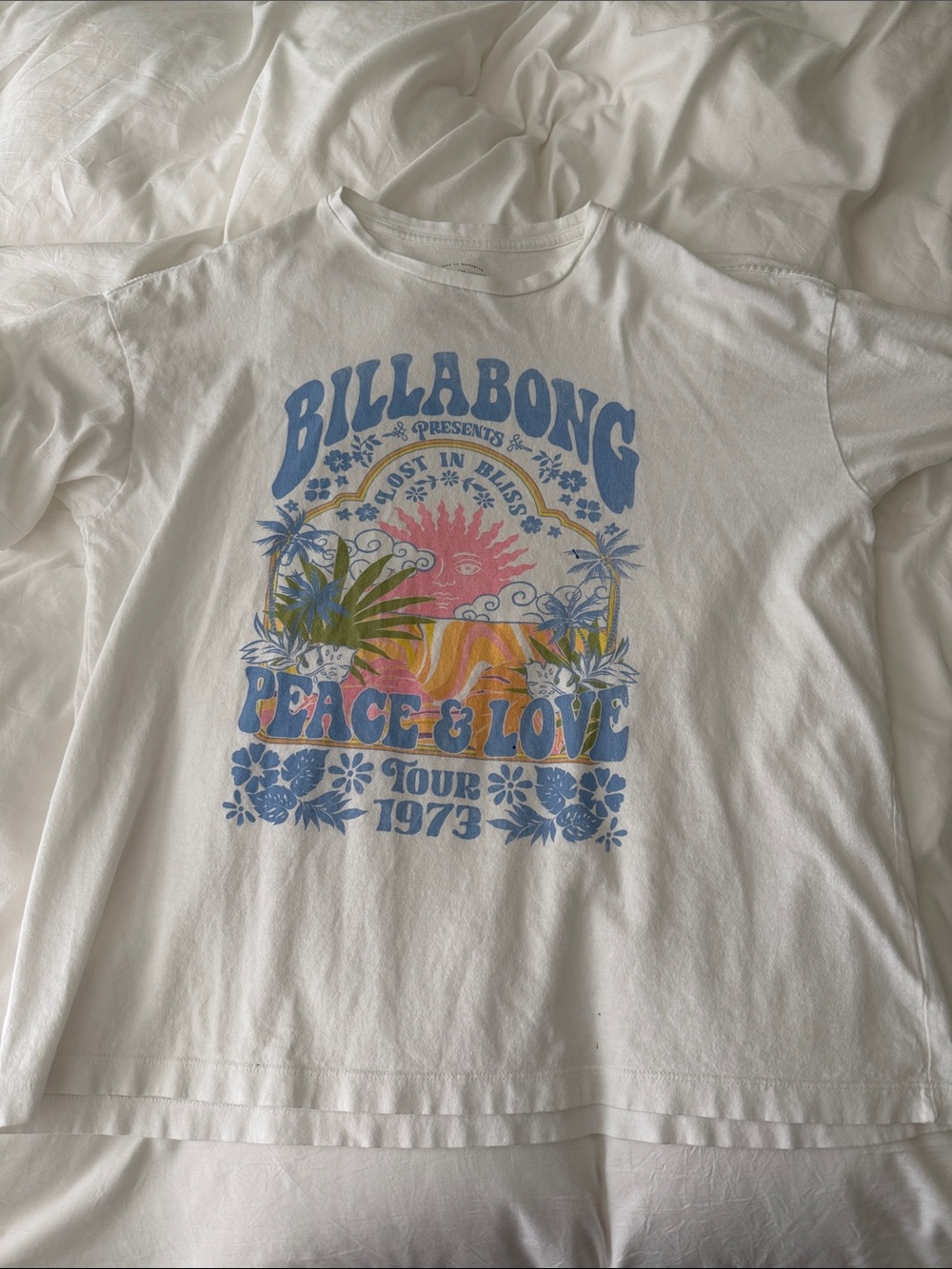 Billabong White Graphic Tee with Blue, Pink, Yellow and Green Print